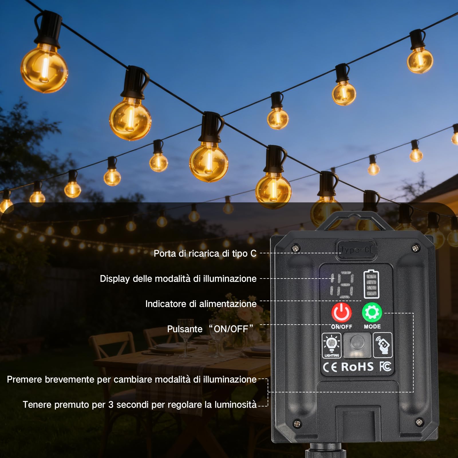 Catena Luminosa Esterno Solare 15M, Luci Solari da Giardino con Telecomando, 17+1 Lampadine LED G40, IP65 Impermeabile, Dimmerabile, Lucine Esterno Energia Solare per Patio Balcone Gazebo Matrimonio