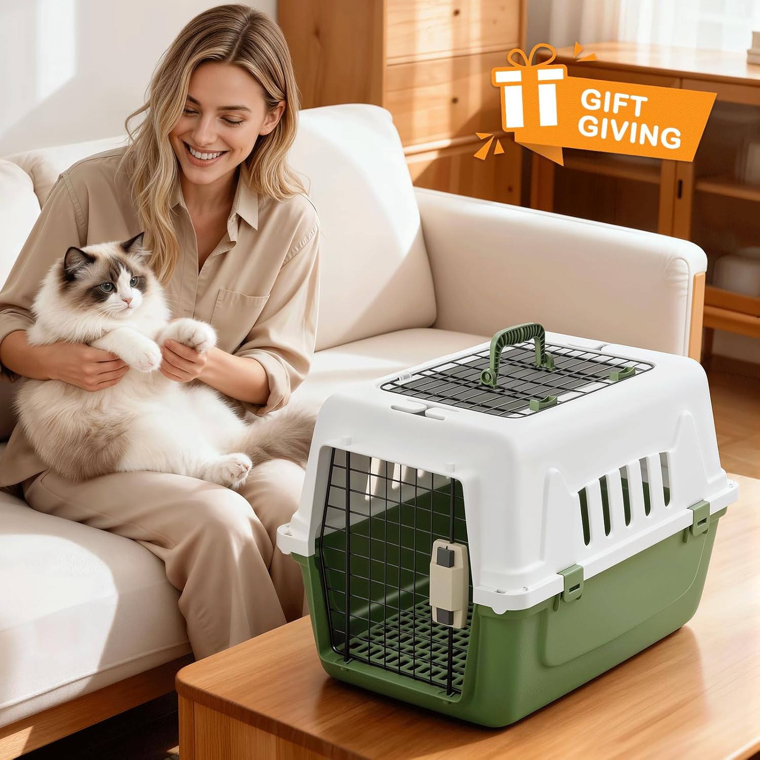 MoNiBloom 22-Inch Dog Crate Plastic 2-Door Top Loading Cat Carrier, Hard-Sided Dog Travel Carrier for Small Dogs and Cats, Ventilation and Security Lock Design for Pets up to 22 lbs (Green)