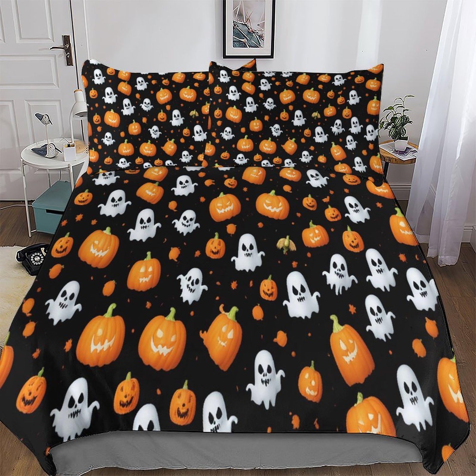 Halloween Pumpkin Duvet Cover 3PCs, 3D Bedding Sets with Zipper Closure, Microfiber Polyester Quilt Cover with Pillowcase, For Adult Girls Boys Cotton Comforter Cover King (220x240cm)