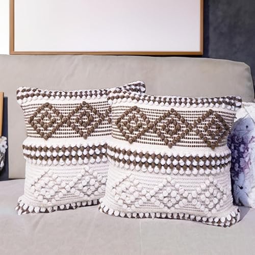 Juego de 2 fundas de almohada decorativas de 18 x 18 pulgadas, de lana y algodón, estilo bohemio, para sala de estar, decoración de lujo (lana de