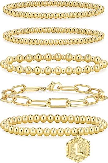 adoyi Gold Bracelets for Women Waterproof, 14K Gold Plated Beaded Strand Bead Ball Bracelets stack Adjustable Jewelry Set for Gifts