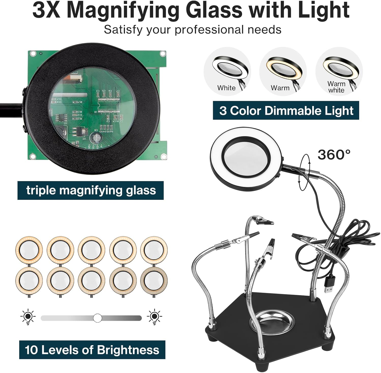 Lytool Helping Hands Soldering Station with 3X Magnifying Glass Dimmable LED, Flexible Helping Hands Soldering with 4 Flexible Arms for Welding Repair Hobby DIY