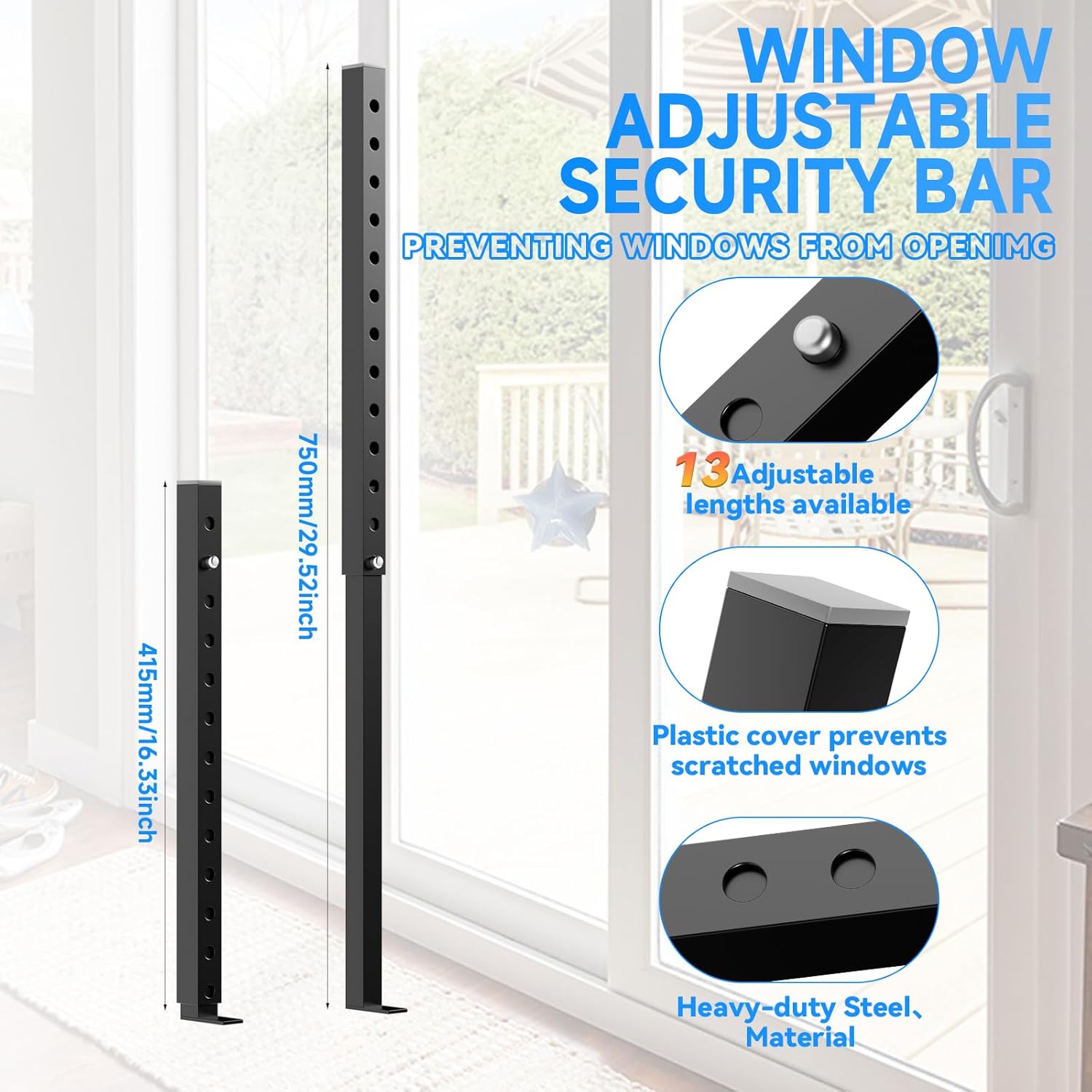 Adjustable Window Security Bars, Window Bars Security Inside Vertical, Window Bar Lock Prevent Burglary, Window Safety Bars for Children, Window Stick Extend from 16.3-29.3 in(Black -4 pcs)