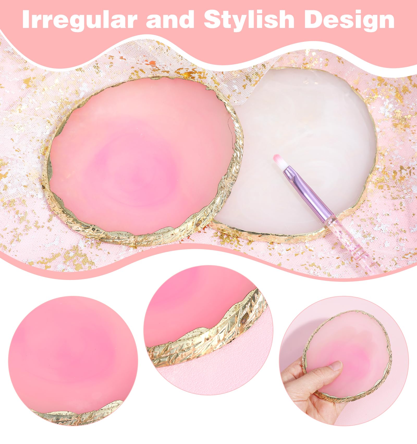 Lot de 2 accessoires de design d'ongles - Aspect agate blanc et rose - Avec bord doré - Résine de qualité supérieure - Prêt à l'emploi - Pour le nail art - Cadeau pour femme et fille - Bricolage
