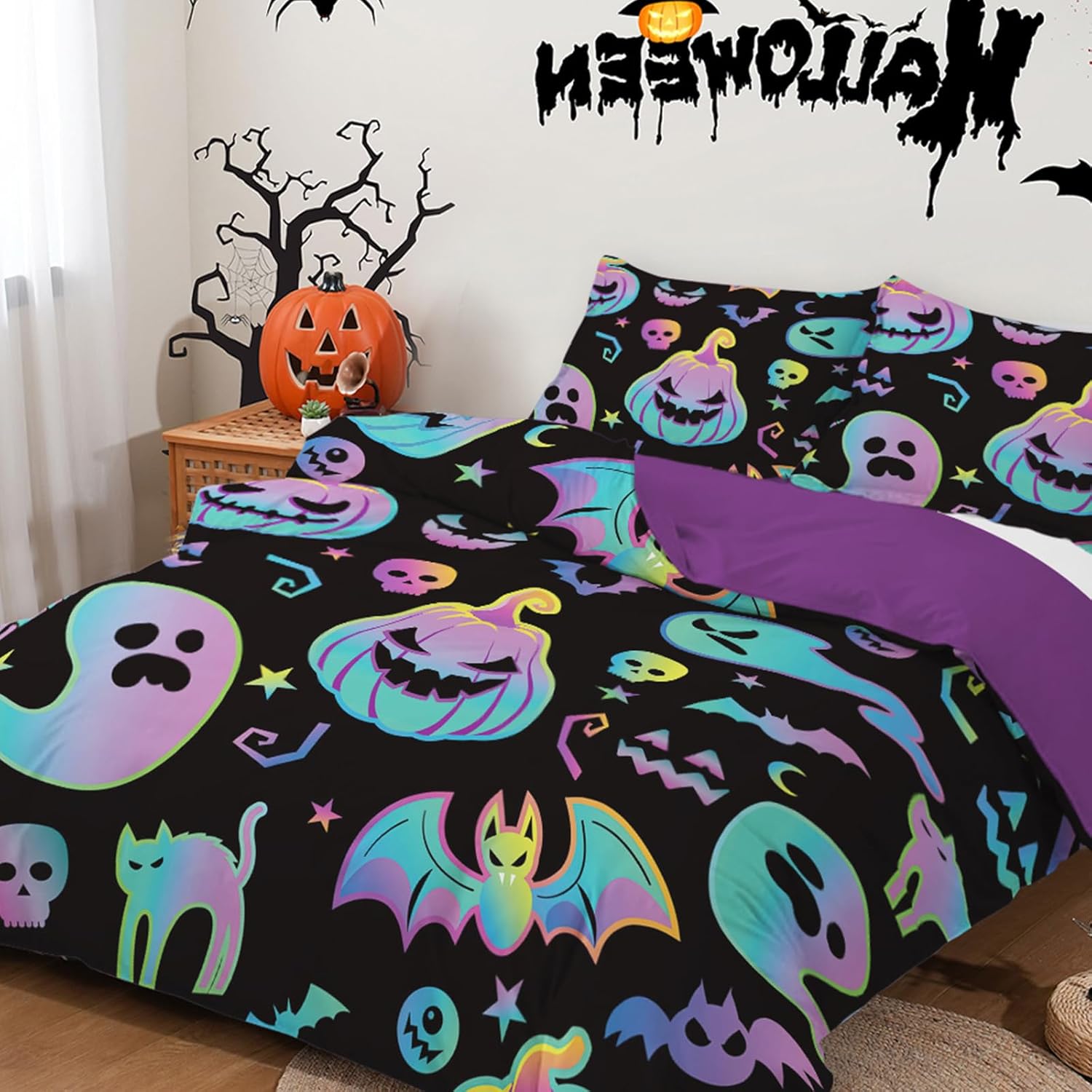 Mybedsoul Halloween Duvet Cover Set Twin, Pumpkin Ghost Pattern Duvet Cover 2 Pieces Halloween Comforter Cover Set with Pillow Case Ghost Festival Themed Bedding Set 68"x 86"(Not Comforter)