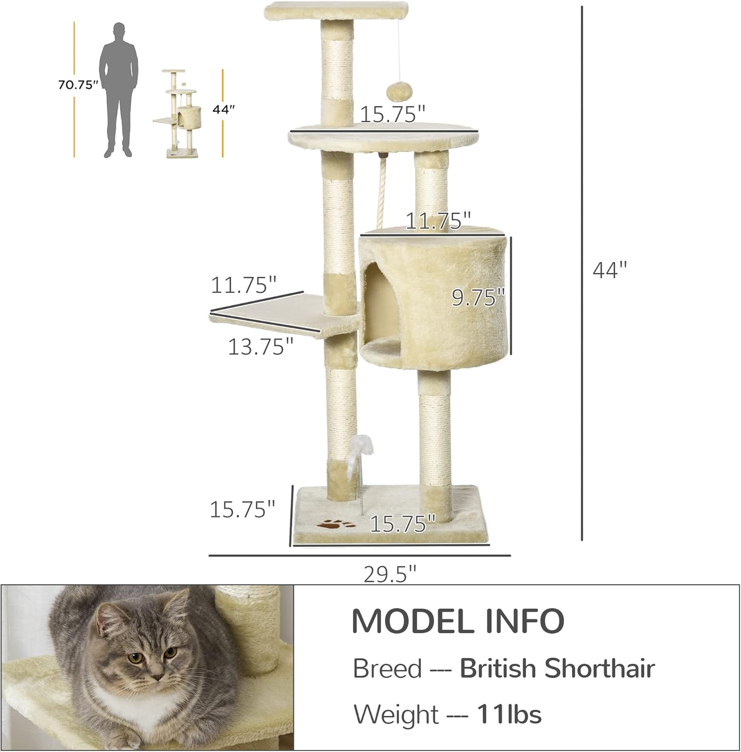 Diagram showing the dimensions of the cat tree, including height, width, and depth of platforms and condo.