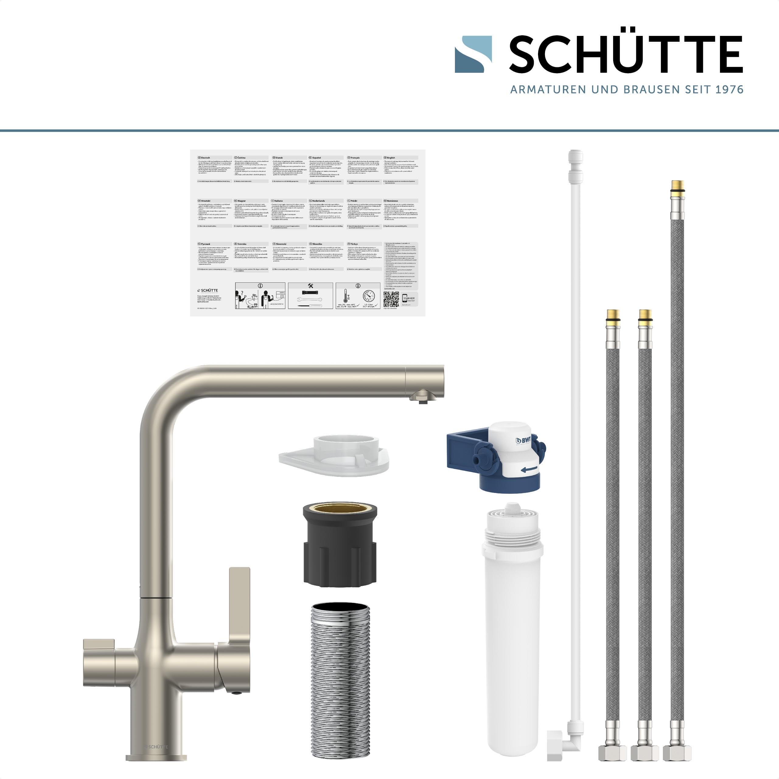 SCHÜTTE Aquastar Pro 99805 - Grifo para fregadero de agua potable con sistema de filtro, 3 vías, grifo de cocina con filtro de agua contra residuos de cal y metales pesados, aspecto de acero