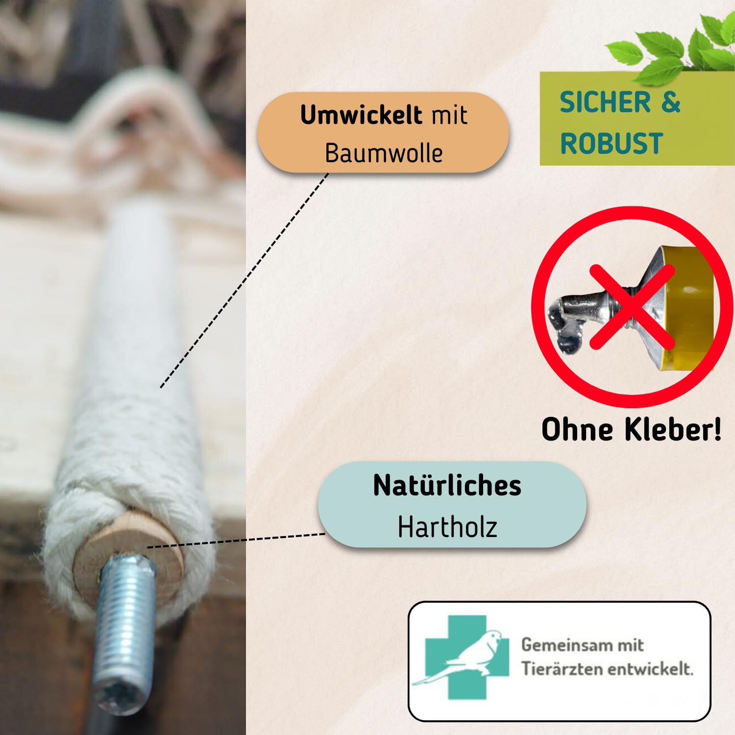 Vogelgaleria® Perch Natural Wood with Cotton Budgie Accessories for Bird Cage Extra Soft Also Suitable for Old and Sick Birds - Image 4