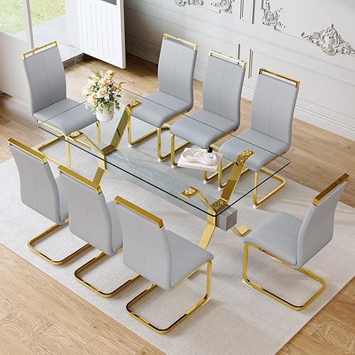 Miniatura 30 de Juego de mesa de comedor de cristal de 71 pulgadas para 6 personas | Juego de mesa de comedor moderno para 6 con sillas de piel sintética | Mesa de