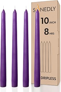 10 Inch Purple Taper Candles Set of 4 - Long Burning Unscented Dripless Smokeless Purple Tapered Candles