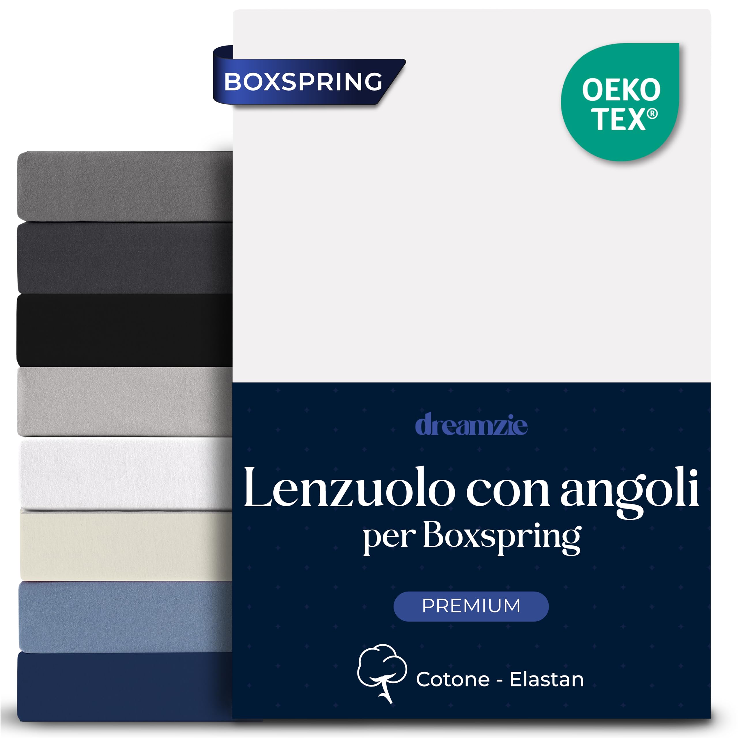 Dreamzie – Lenzuola Matrimoniali 200x200 Cotone Elastico Comfort Premium 250gsm - Altezza Profondo 40 cm, Materassi Alti o Boxspring - Oeko-Tex – Bianco