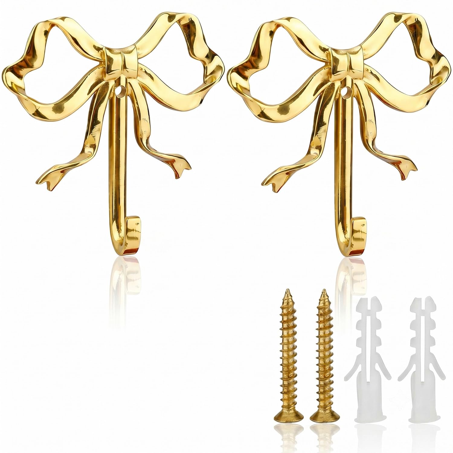 Tabanzhe 2 Pack Bow Knot Wall Hooks,Gold Decorative Wall Hooks,Metal Mounted Coat Hook for Hanging Coats Keys Hats Towels Bags,Cute Bow Walls Door Hangers for Bedroom Bathroom Entryway Decor