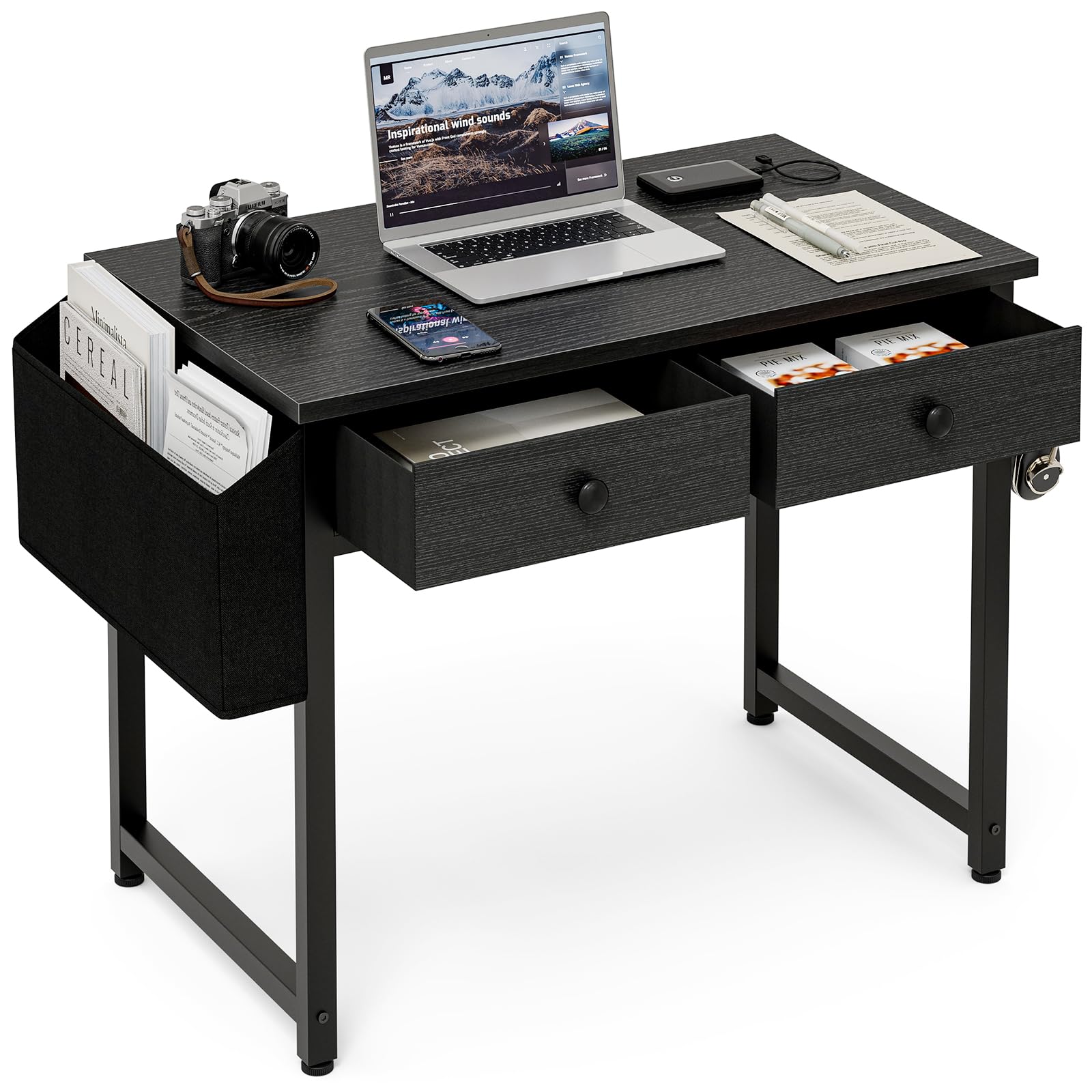 Grandder Piccolo tavolo per computer con 2 cassetti in tessuto, 100 cm, con scomparti e cassetti, scrivania per piccoli spazi, colore nero