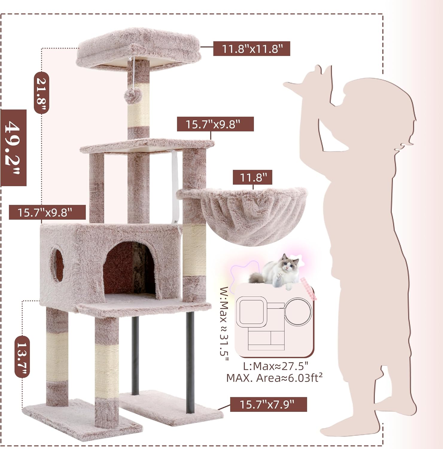 Heybly Cat Tree, 49.2 Inches Cat Tower for Indoor Cats, Spacious Cat House Condo with Hidden Space，Sturdy Steel Tube，Soft Plush Top Perch，Cozy Hammock and Sisal Scratching Posts, Muchroom HCT200SMU