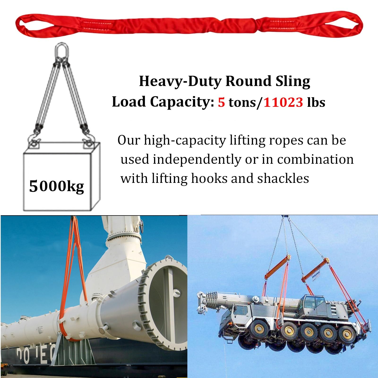 Hebebänder, Tragfähigkeit 11000 lbs/5000 kg, Polyester-Schlinge, strapazierfähiges industrielles Rundschlingenband zum Abschleppen und Heben Schwerer Lasten, Fabrik, Lagerhalle, ROT(10m)