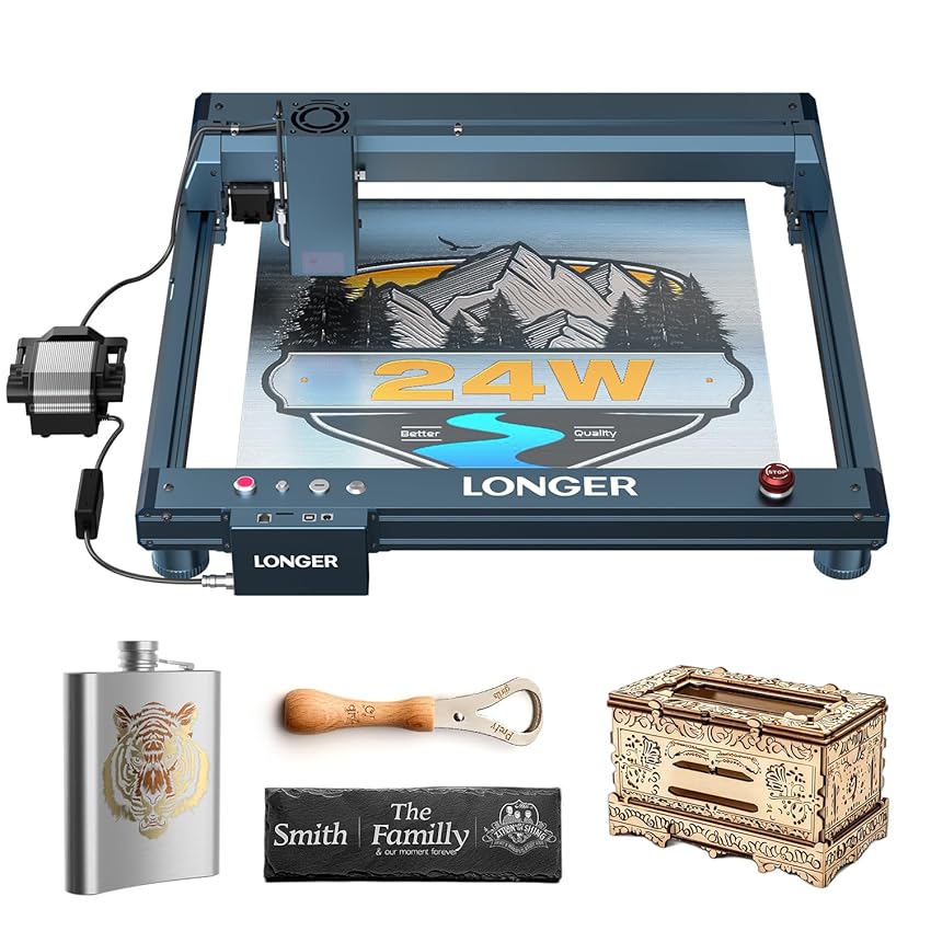 Longer Laser B1 20W - Incisione laser con supporto automatico dell'aria, ideale per lavori fai da te su legno, metallo, carta, acrilico, vetro e pelle, superficie di lavoro 450×440mm