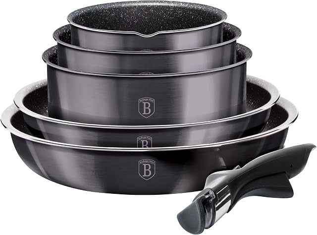 12 Pcs Colorful Space Saving Cookware Frying Pan Sauce Pan Casserole Pot Set Induction Lid Handles (Carbon Pro)