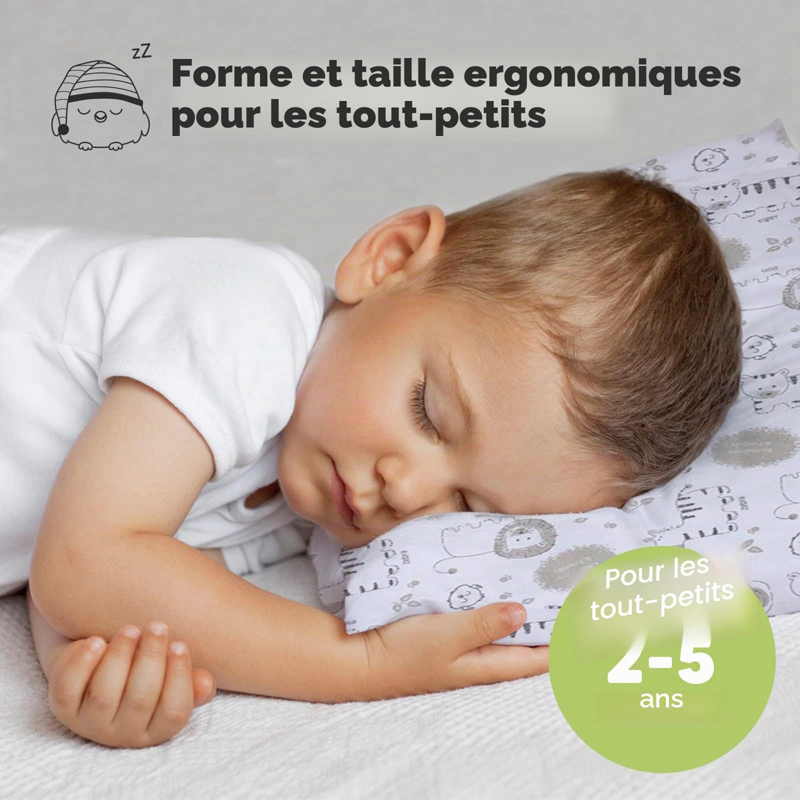Oreiller pour Tout-Petit avec Taie d'oreiller - Oreillers Oreiller pour Tout-Petit en Coton Biologique Doux pour Dormir - Lavable en Machine - Parfait pour Les Voyages (KeaSafari)