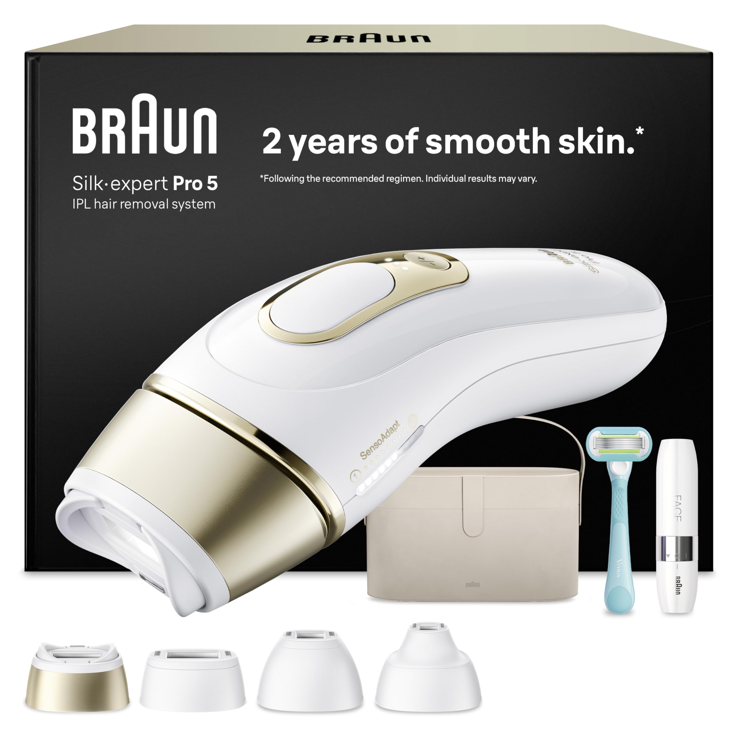 Braun Depiladora Luz Pulsada Silk·expert Pro 5, IPL, Depilación Láser en Casa para Cara Y Cuerpo, Depiladora Laser con 4 Cabezales, Neceser, Mini Depiladora Facial Y Maquinilla Venus, PL5442
