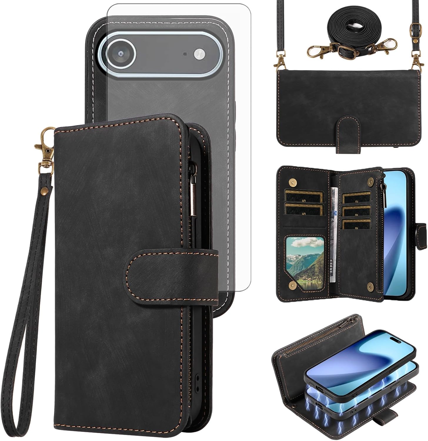 Phone Case for iPhone 17 Air 6.5 inch Zipper Wallet Magnetic Detachable Cell Cover with Screen Protector Crossbody Lanyard Strap Flip Card Holder Slot i Phone17 i17 17Air Women Men Girls Black