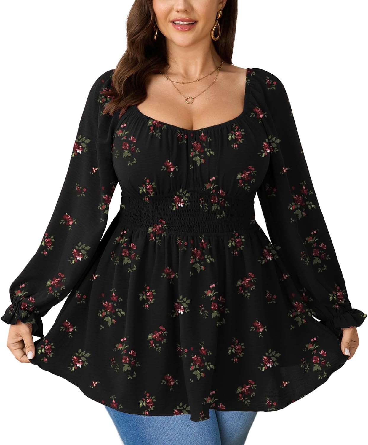 Plus Size Blouses for Curvy Women Dressy Casual Long Sleeve Sweetheart Neckline Smocked Business Work Fall Tops