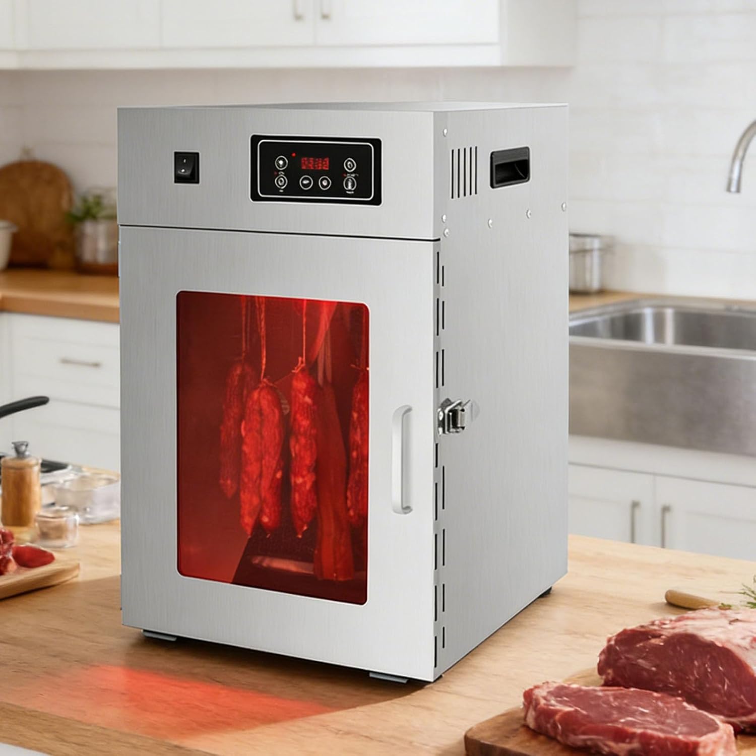 Commercial Electric Food Dehydrator, 360° Stainless Steel Meat Dryer, Digital Timer & Smart Touch Control, Adjustable 30-90℃ Temperature, Ideal for Drying Meat & Fruits