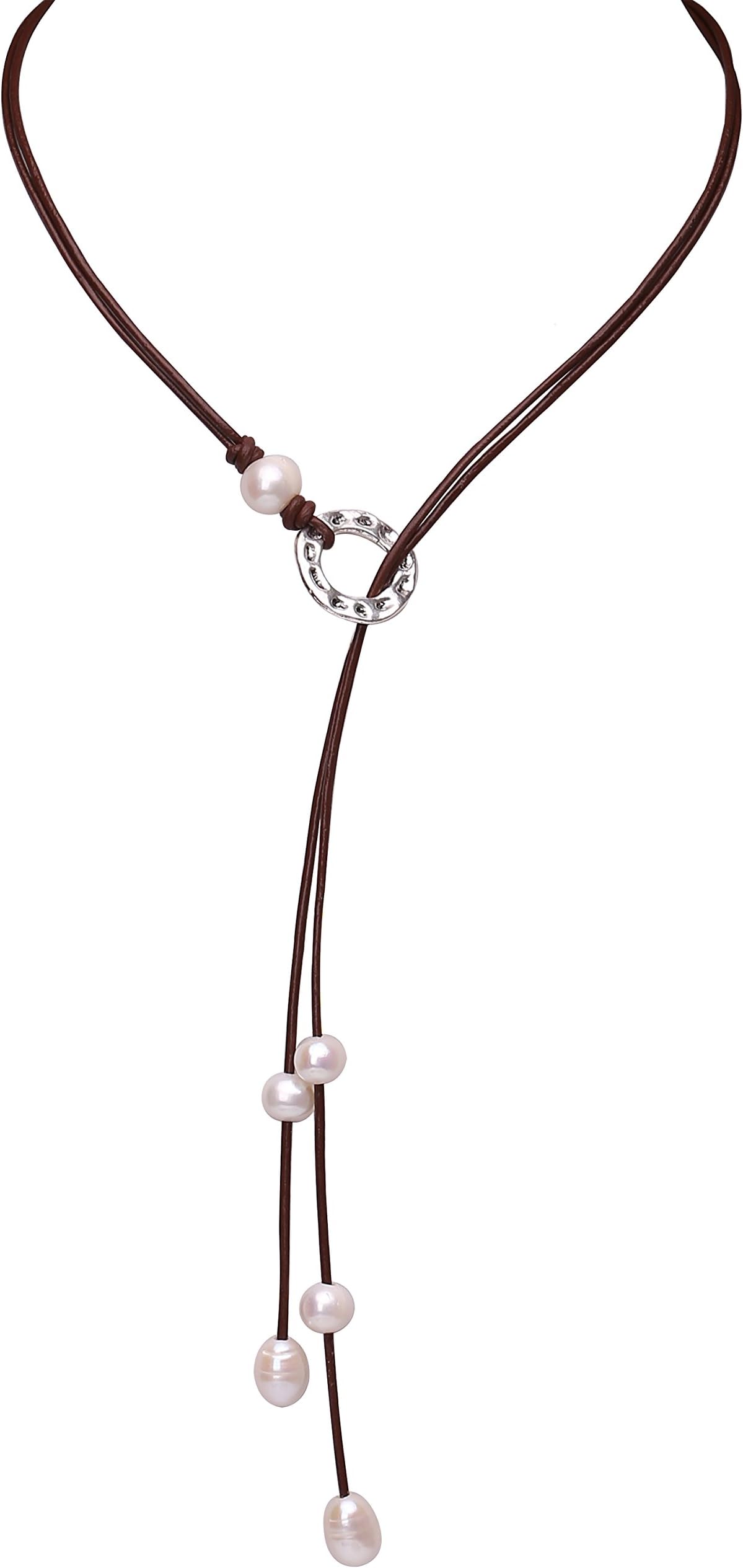 Shengsheng Women Y Necklace Long Pearl Choker Bohemian Bolo Tie Cultured Pearl Necklace Choker, 23.6'' Black Brown