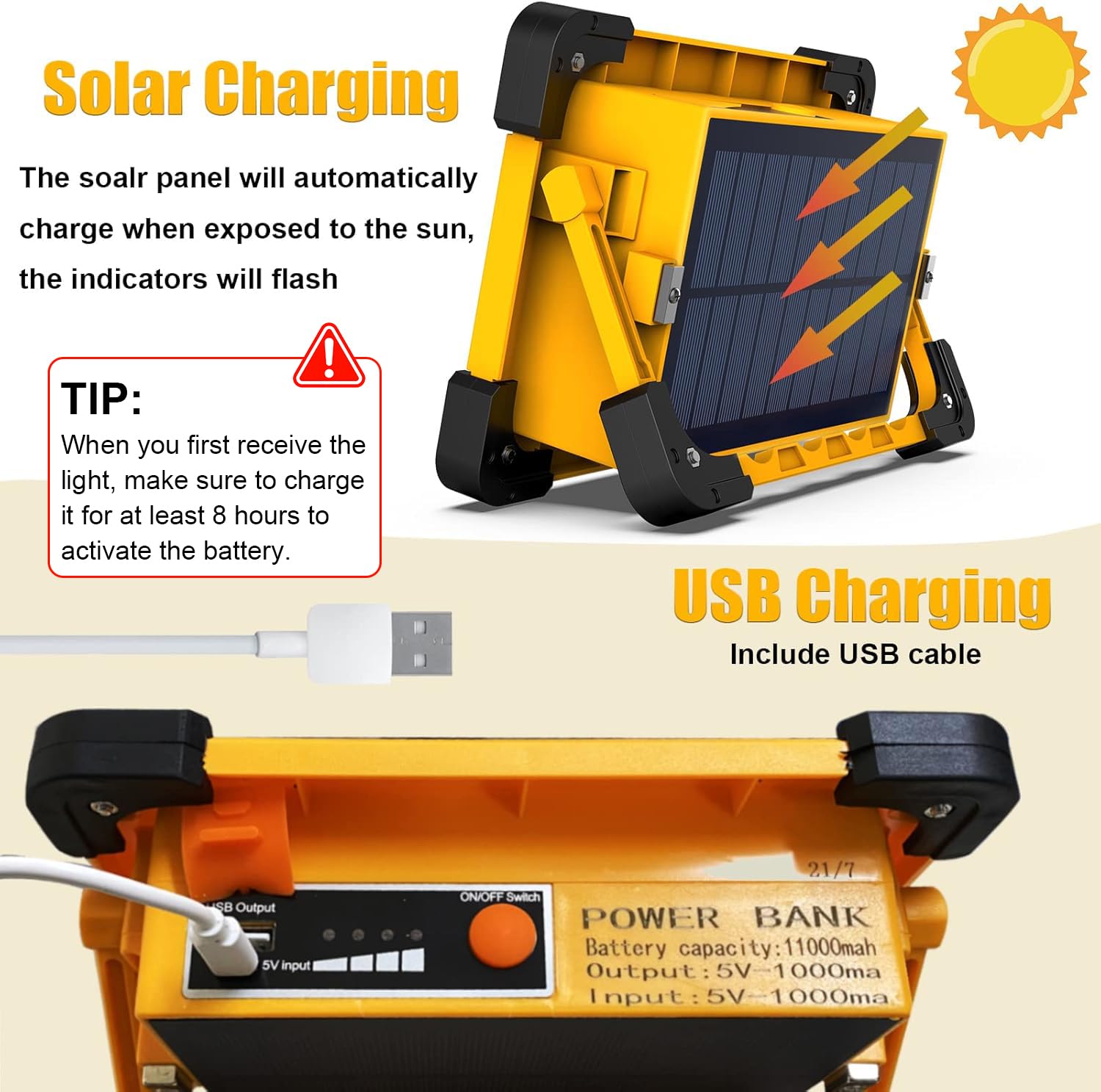 OHAYORI 80W Projecteur LED Rechargeable, 4 Modes Lampe de Travail Solaire Portable avec USB, Projecteur de Chantier d'urgence étanche avec Batterie 10000mAh pour Camping, Travaux, Bricolage