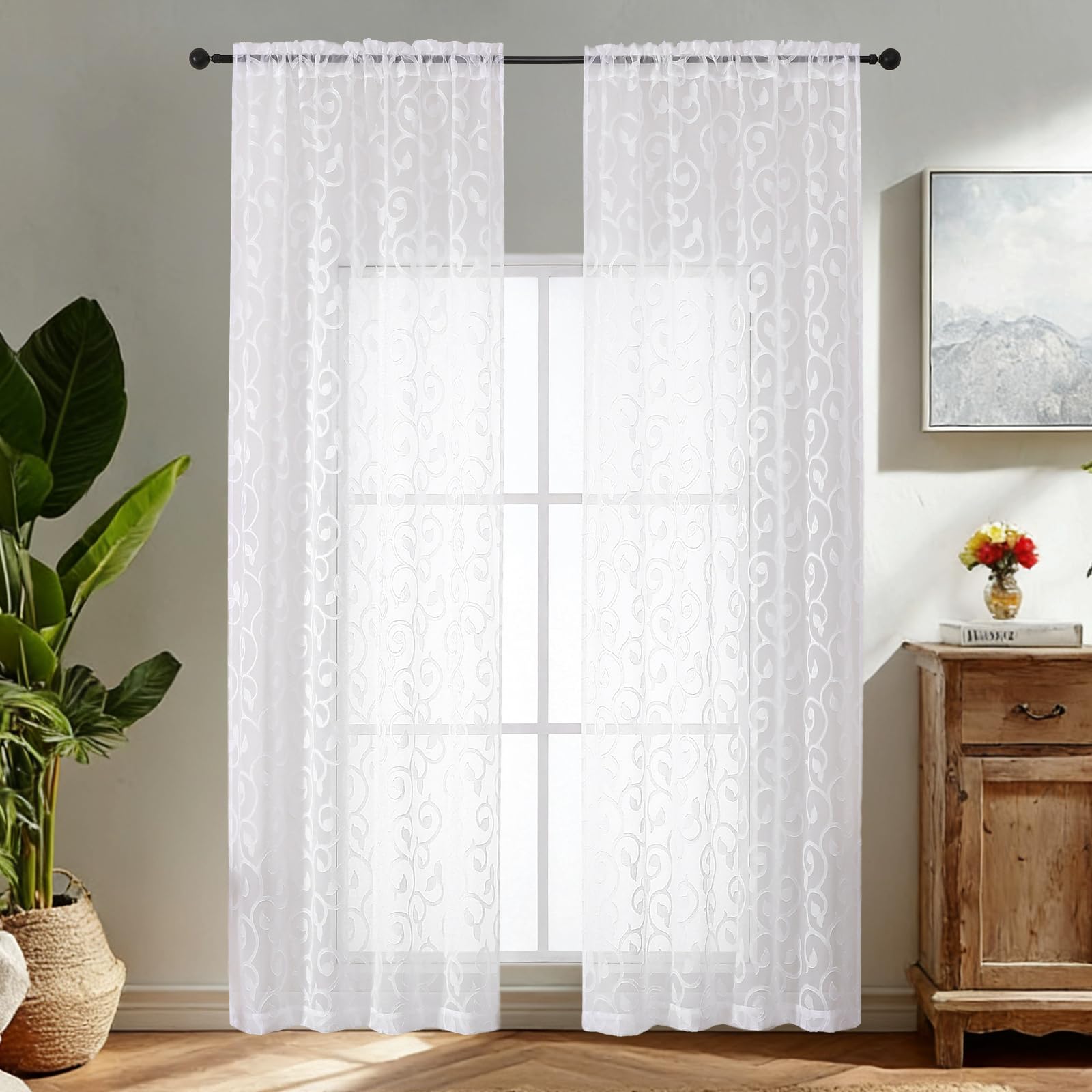 Simplebrand White Sheer Voile Curtains with Embroidered Pattern, 2 Panels 140x229cm, Dual Rod Pocket Light Filtering Patio Door Curtains
