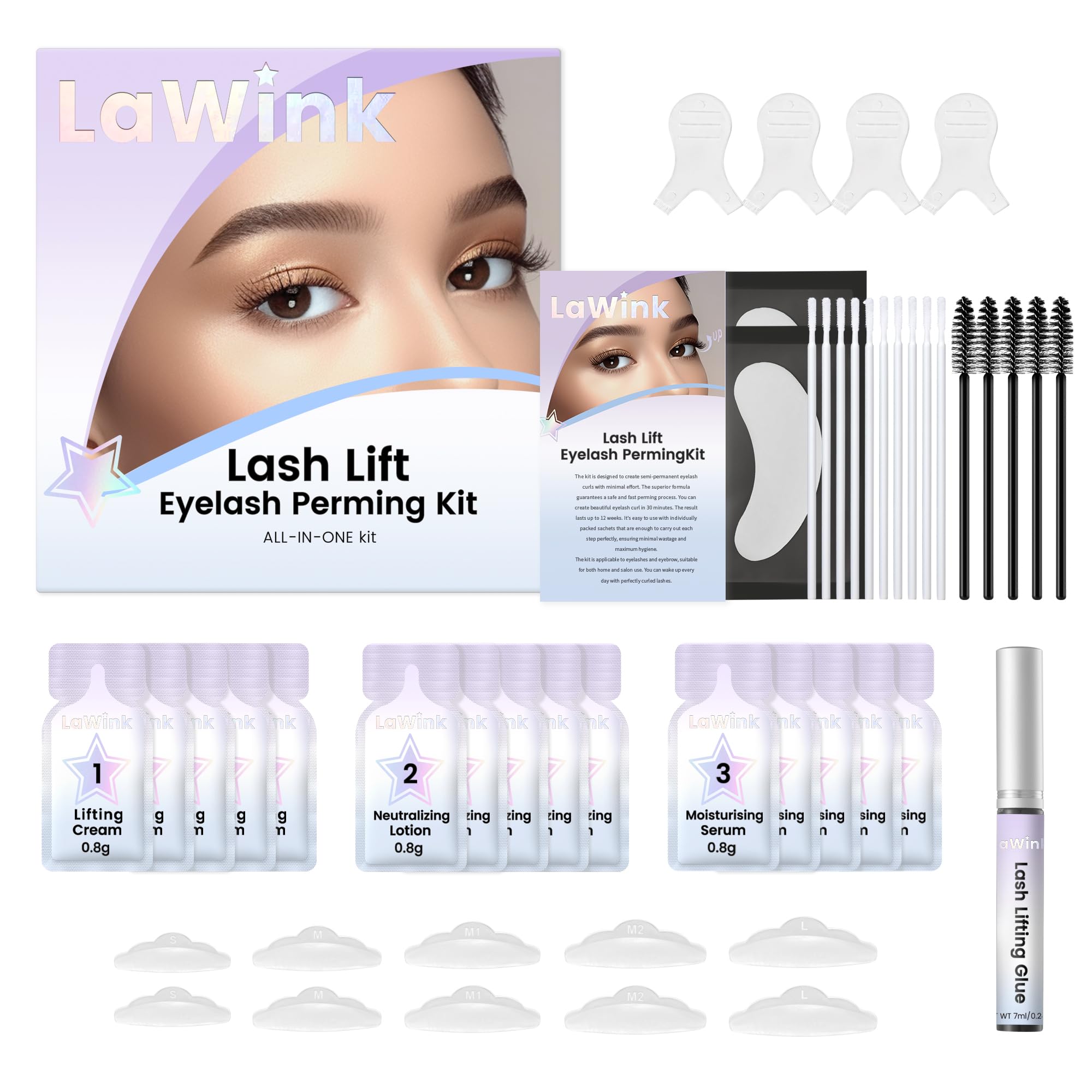 LaWink Lash Lift Kit, 2 en 1 Kit de Elevación de Pestañas y Cejas, Kit de Pestañas Lash Perm, Kit de Elevación de Pestañas y Cejas, Rizado de Pestañas Semi-Permanente Perming Wave Uso 5 Veces