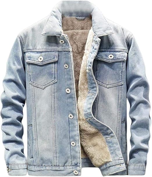 Men's Winter Fleece Lined Quilted Jacket Button Down Jean Denim Trucker
