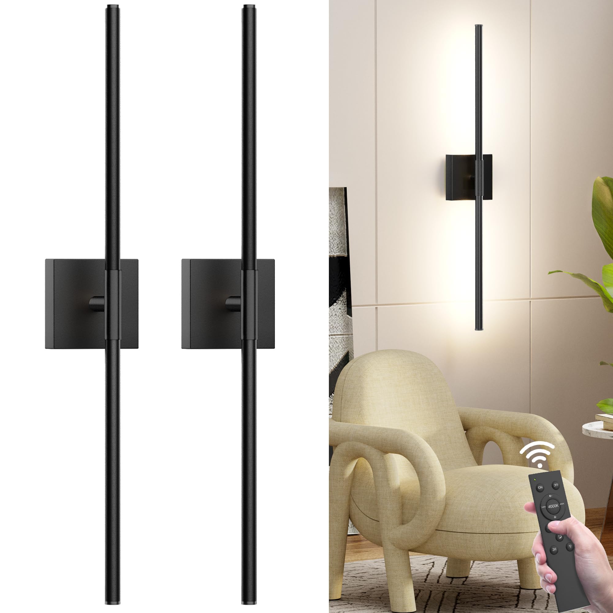 Photo 1 of 31.5 Inch Battery Operated Wall Sconce Set of Two, 8000mAh USB Rechargeable Wall Sconce with Remote Control, 360°Rotate Dimmable 3000K-6000K LED Wall Lights for Living Room, Hallway, Bedroom, Black