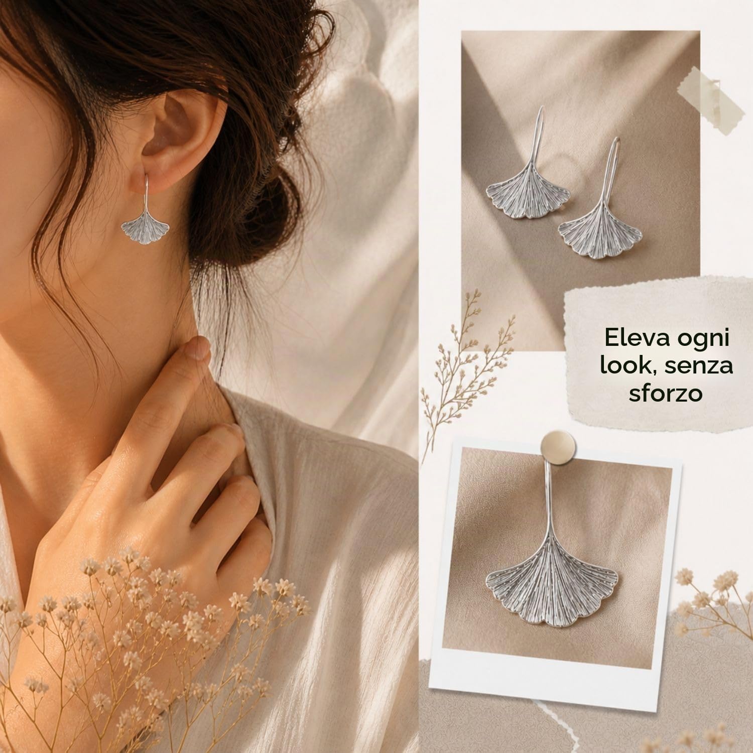 SOVATS Orecchini pendenti Ginkgo in Argento Sterling 925, Placcati in Rodio, Design minimalista, Senza nichel, Ipoallergenici, Elegante gioiello per donna