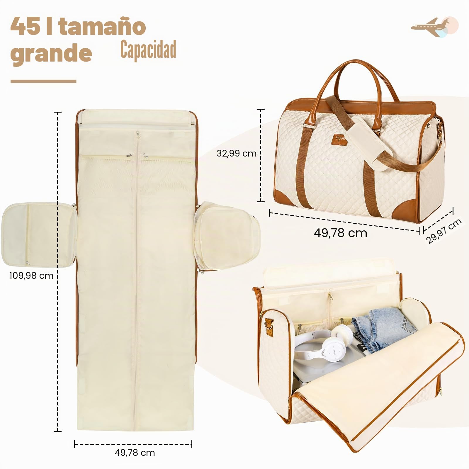 Portatrajes 2 en 1, Bolso de Viaje para Mujer, portatrajes Convertible para Llevar contigo, Bolso de Lona Grande Impermeable de Cuero PU con Bolsa para Zapatos,Beige