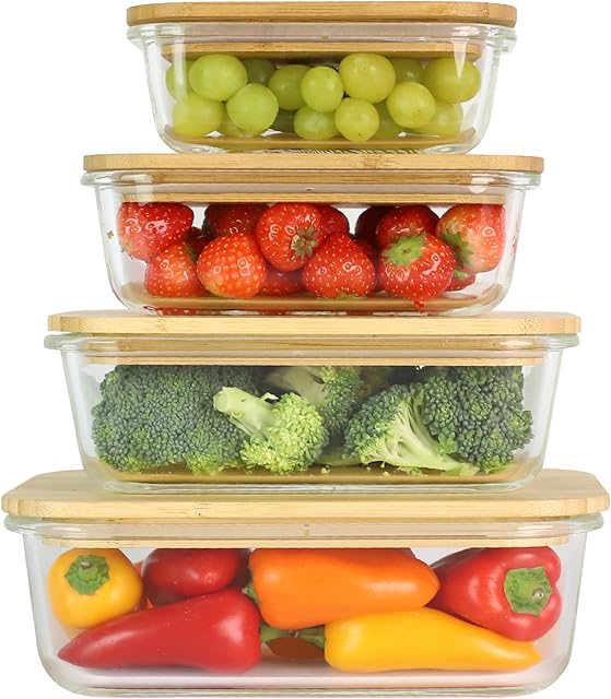 Gadgy Glass jars with lids Set of 4 - With leak-proof and airtight bamboo lid - Bamboo storage bowls - Stackable design, space-saving - Glass food storage jars with lids