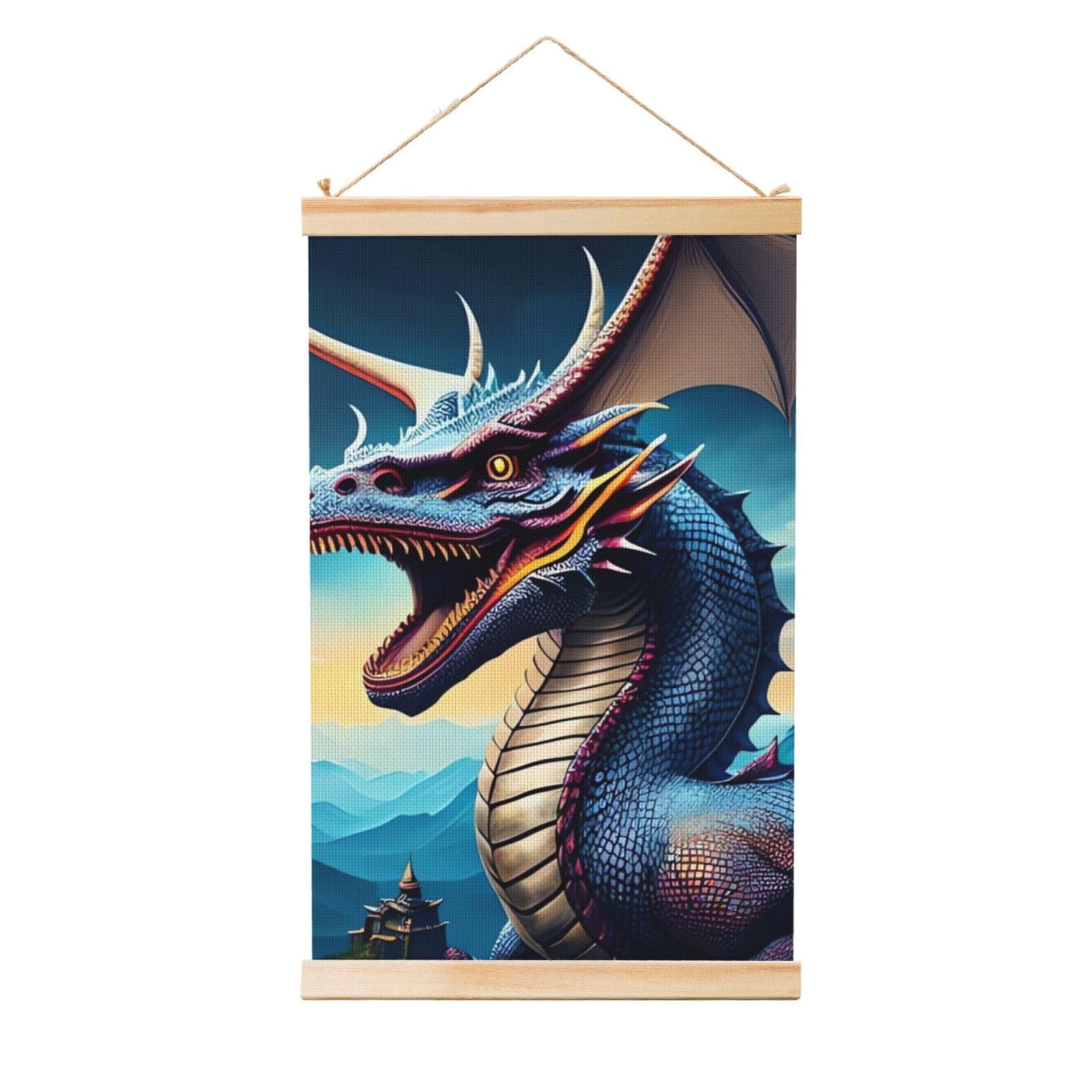 Roaring Dragon Posters Wooden Shaft Hanging Poster Canvas Prints Scroll Wall Art Painting Vintage Wall Banner Modern Artwork Decor for Home Decor Ready to Hang 12"x18"