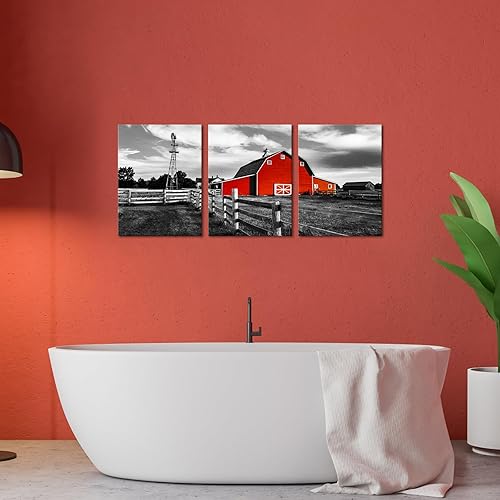 Miniatura 4 de Biuteawal 3 paneles de lienzo de granja, arte de pared vintage de granero, impresiones en blanco y negro, molino de viento de granja campestre, foto