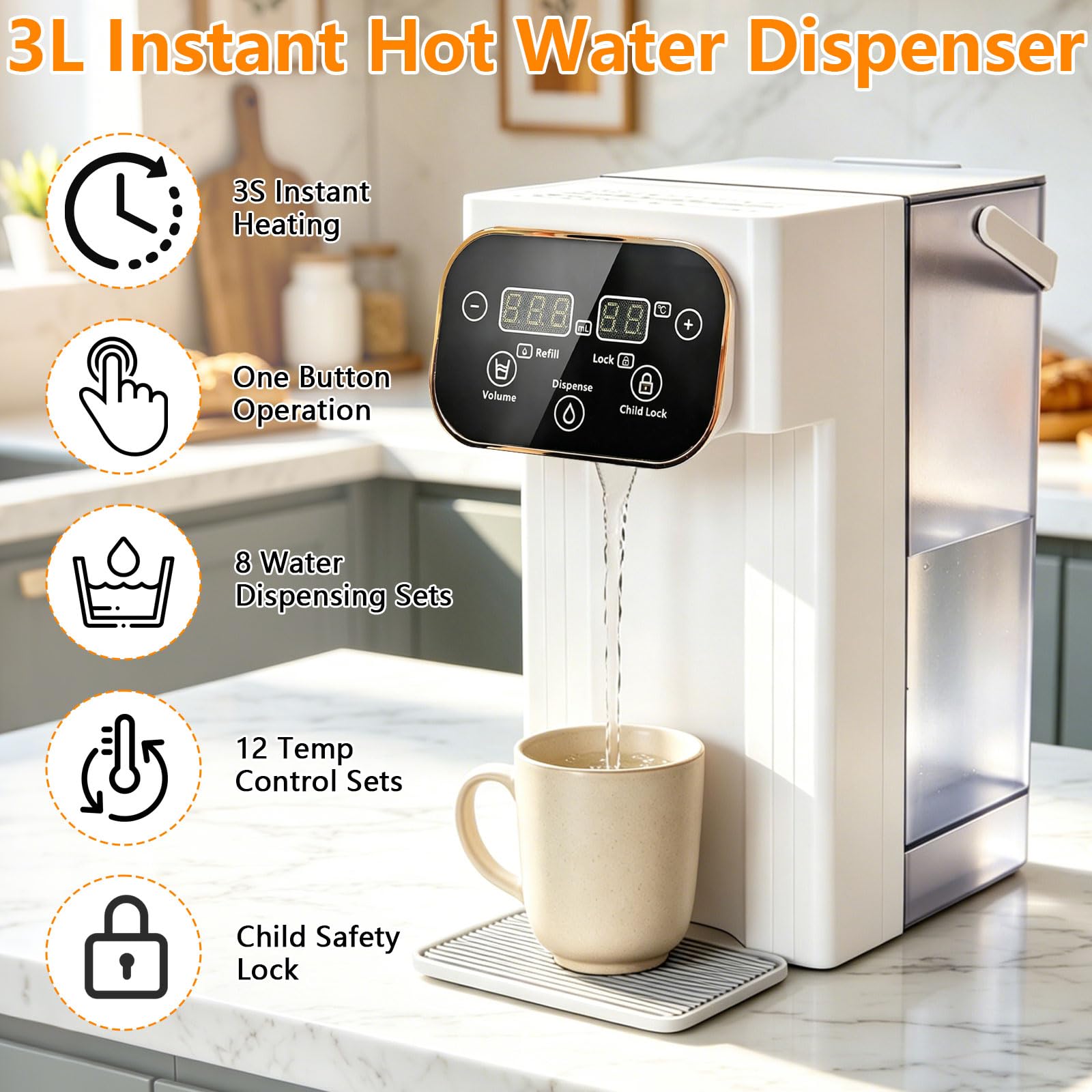 Heißwasserspender, 3L Wasserspender mit 12 einstellbaren Temperaturen & 8 Wassermengen, 3-Sekunden-Schnellheizung, LED Touchscreen, Hitzeschutz-Kindersicherung, für Küche, Büro