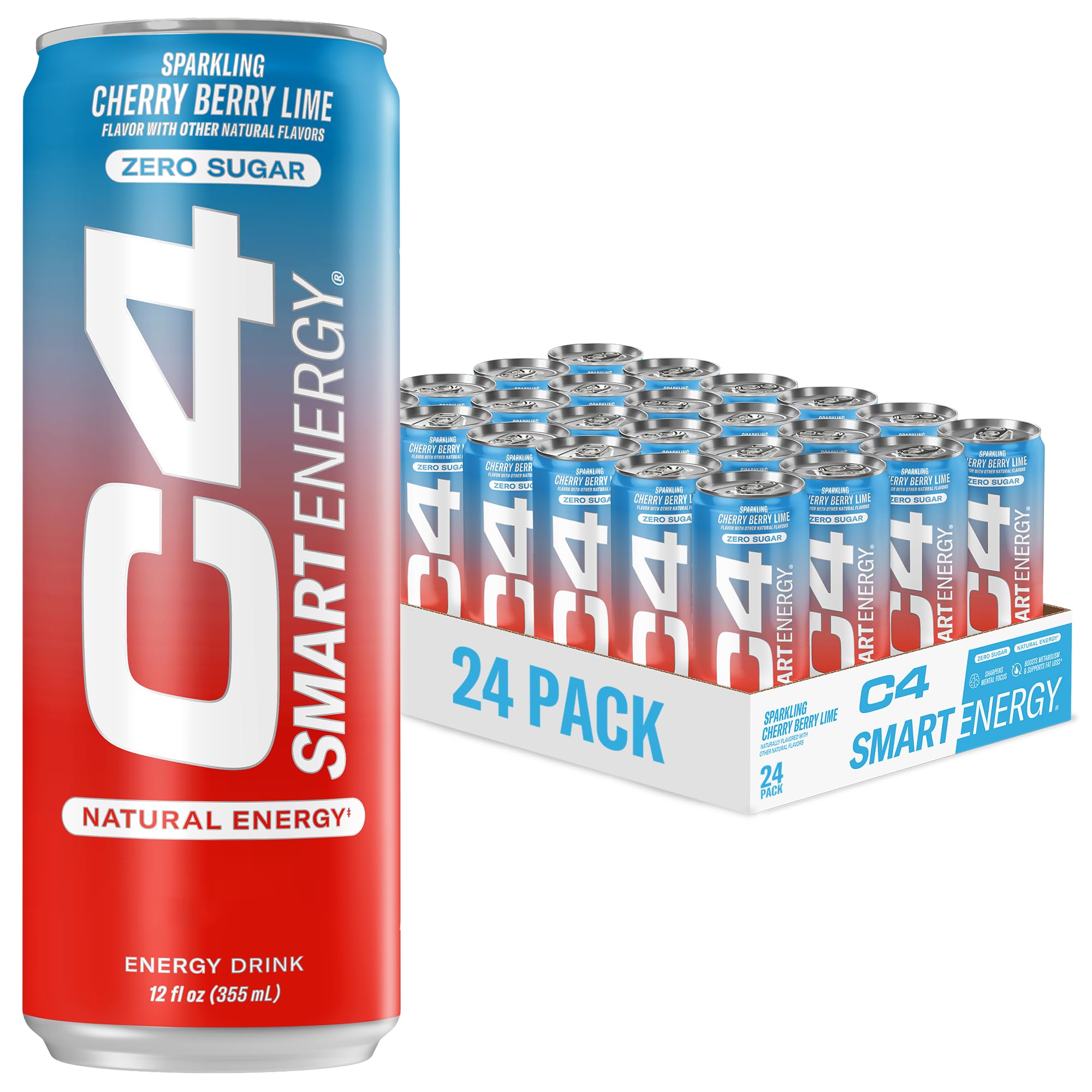 C4 Smart Energy Drink - Sugar Free Performance Fuel & Nootropic Brain Booster, Coffee Substitute or Alternative | Cherry Berry Lime 12 Oz - 24 Pack