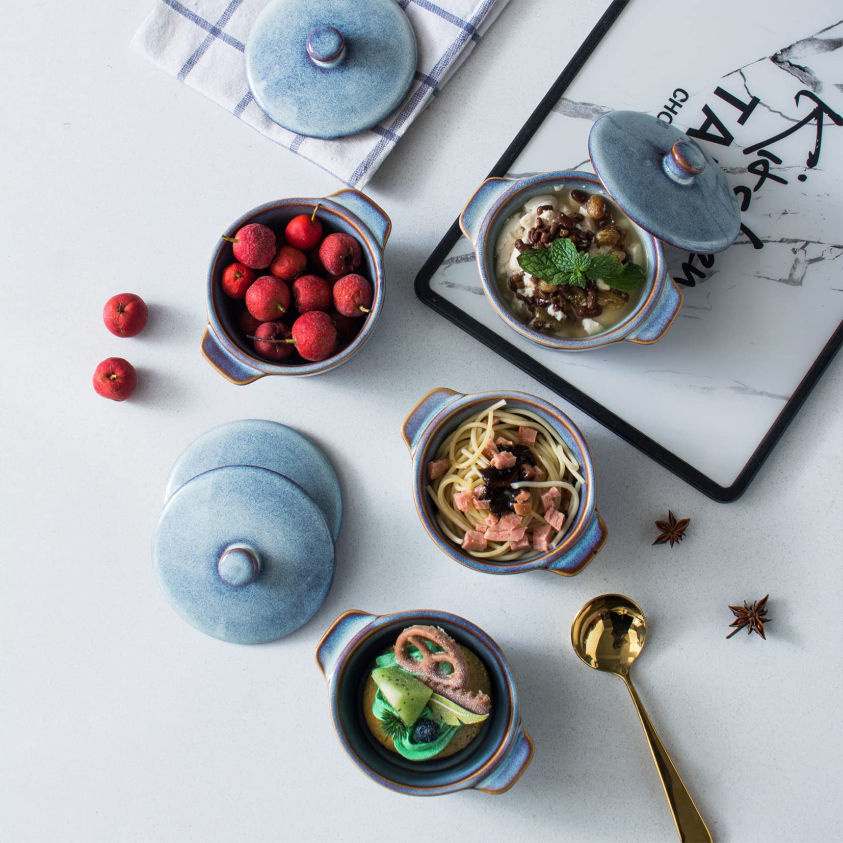 Mini Cocotte in Ceramica, UNICASA Casseruole Ciotoline Forno - 250 ml, Pirottini per Soufflé 250 ml, Ramekin Set da 4 pezzi, Lavastoviglie Fit
