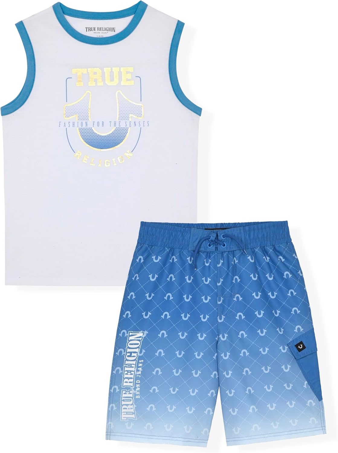 True Religion Boys Swim Trunks and Tank Top Set 2-Piece Quick Dry Boardshorts for Kids Swimwear in Big Boys Sizes 8–16