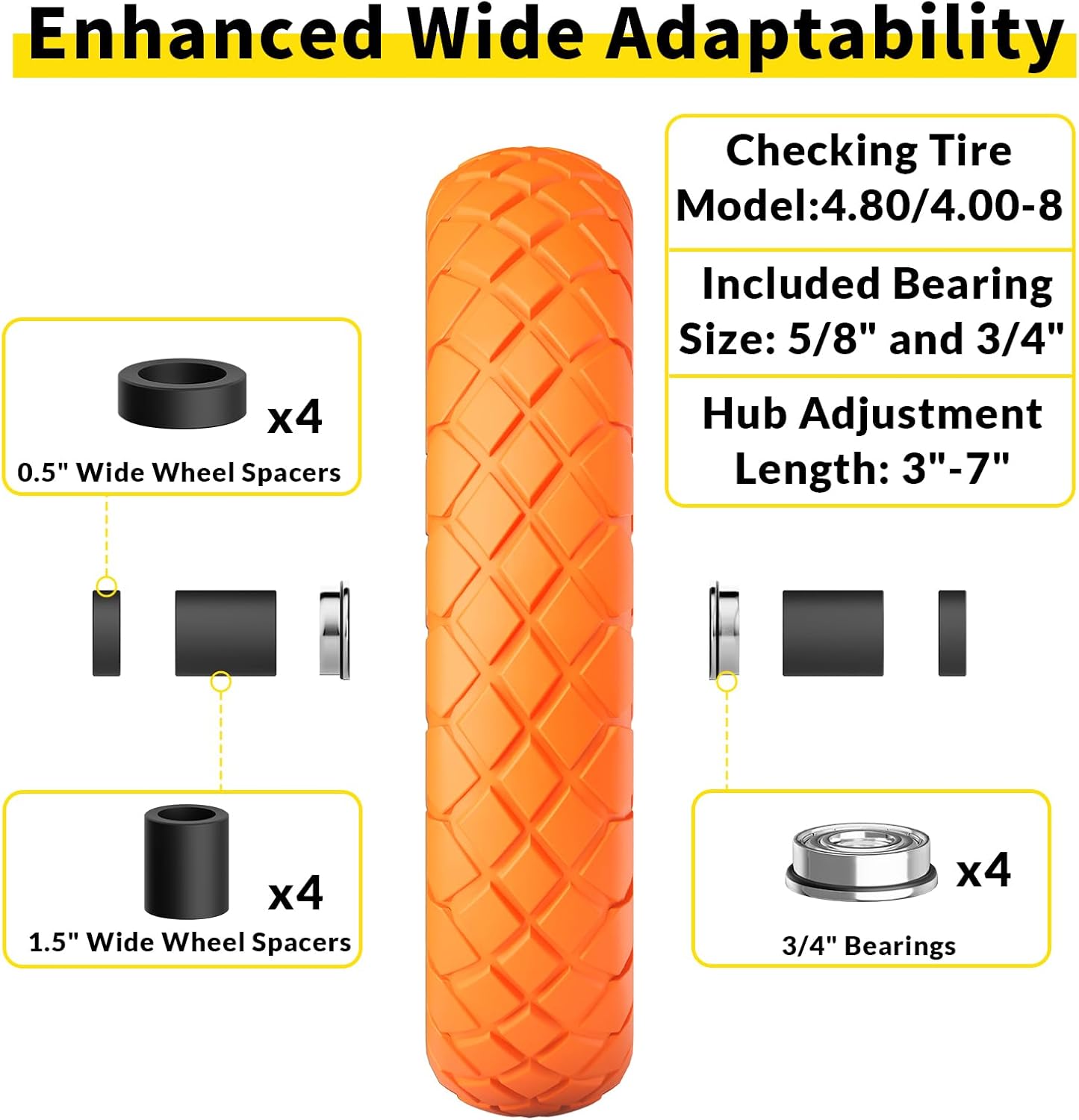 4.80/4.00-8 Flat Free Wheelbarrow Tire and Wheel, 16" Solid Puncture Proof Replacement Tires with 5/8" & 3/4" Bearings, 400Lbs Load, Universal Fit for Garden, Farm & Construction, 2Pack Orange
