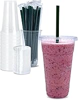 Vista 10 de Vasos de plástico transparente de 16 onzas con tapas y popotes, vasos desechables para bebidas frías, café helado, batidos, batidos, 25
