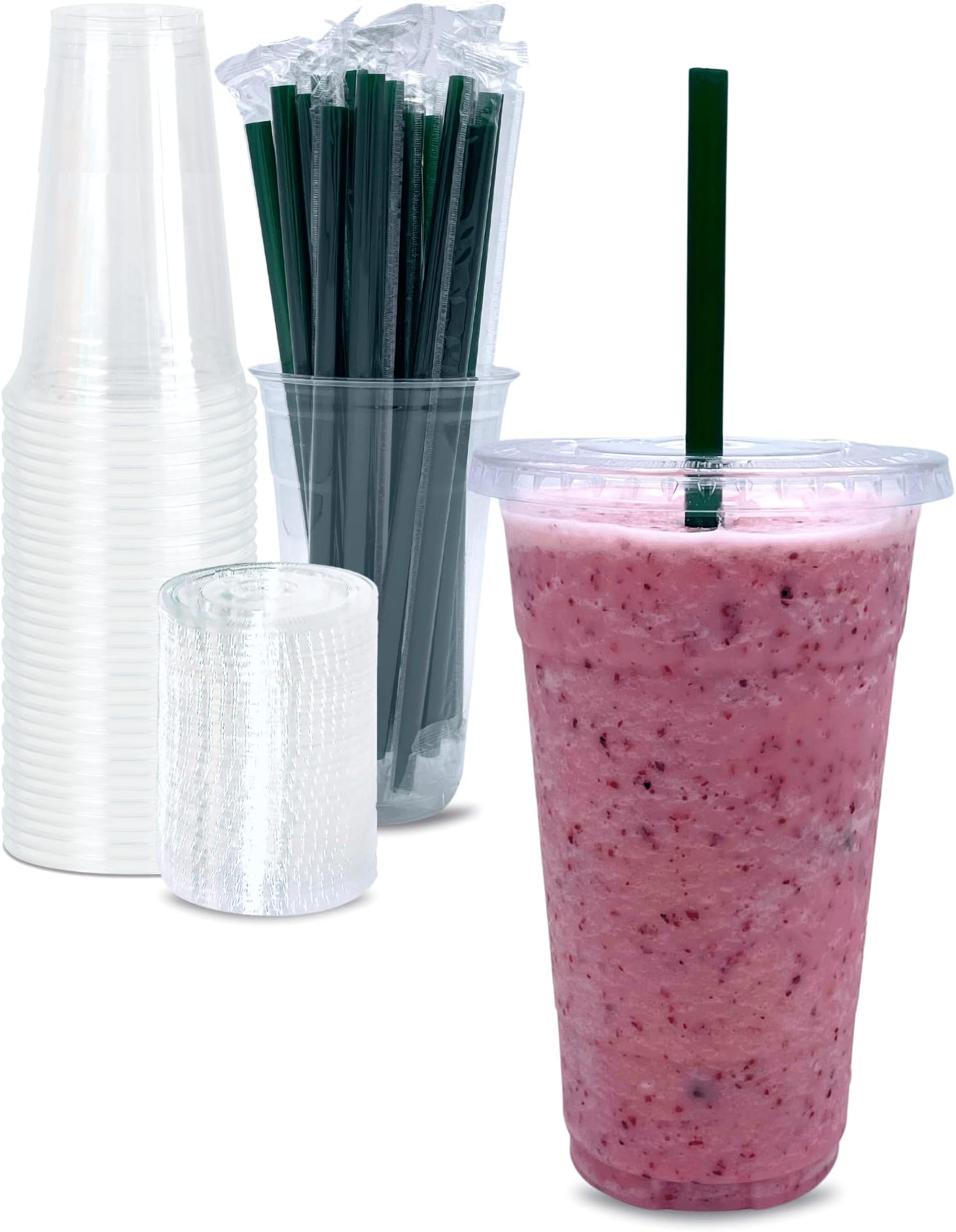 24 oz Clear Plastic Cups with Lids and STRAWS, Disposable Drinking Cups for Cold Drinks, Iced Coffee, Milkshakes, Smoothies, 25 Sets