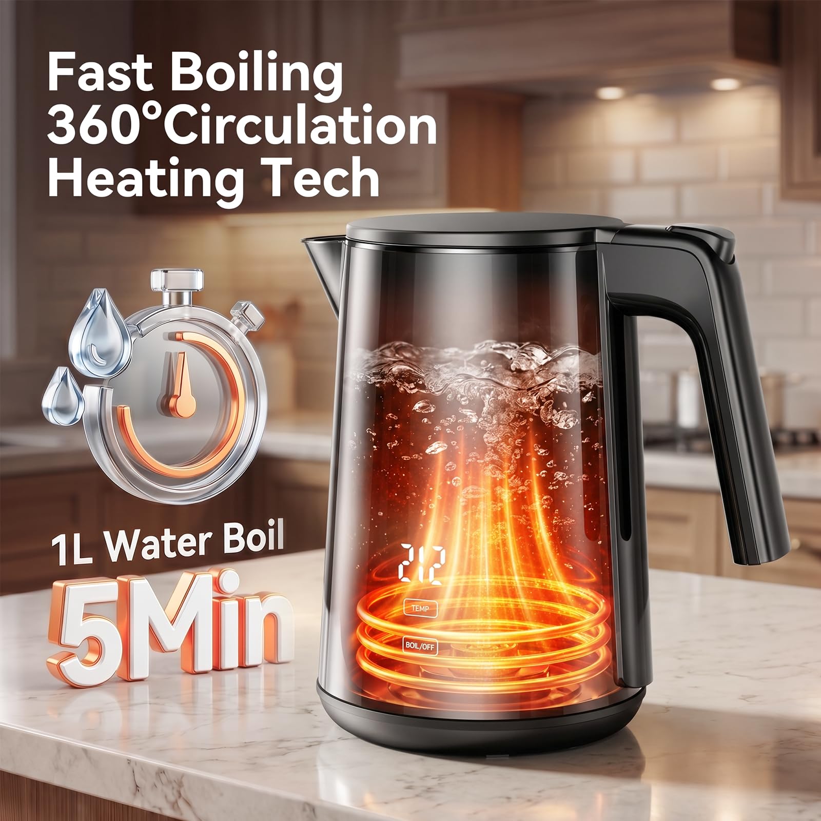 Electric Kettle 1.0L, 1200W Fast Boiling, 7 Temp Settings & 4H Keep Warm