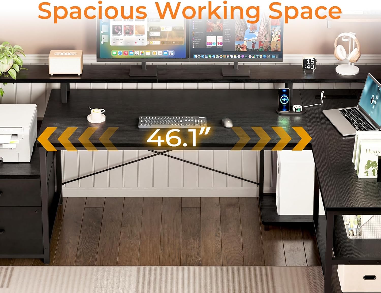 ODK 75" L Shaped Desk with File Drawers, Work from Home Office Desk with Power Outlet, Reversible Computer Desk with Storage Shelves, Gaming Desk with Monitor Shelf, Corner WFM Table, Black