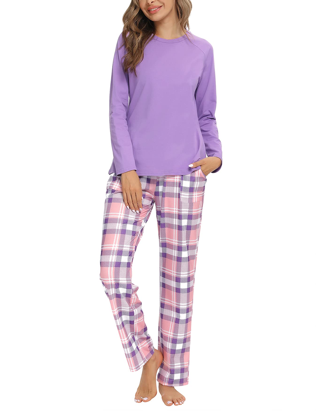 Uniexcosm Pigiama Donna, Pigiama a Quadri Donna Lungo Pigiama da Donna Cotone Leggero con Girocollo Pigiama 2 Pezzi Donna con Tasca Sciolto Accogliente per Casa e Casuale