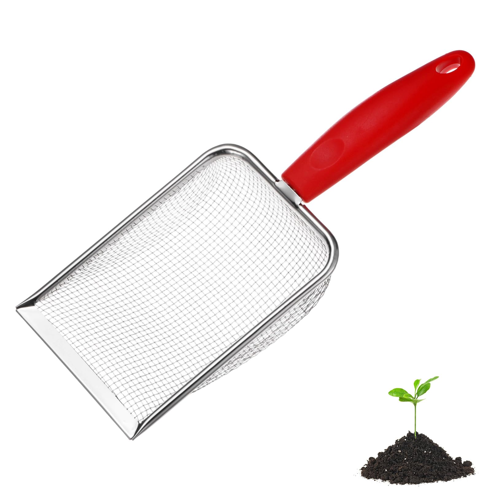 M METERXITY 1-Pack Gardening Soil Sifter, 2.8 mm Mesh Stainless Steel Portable Gardening Sifter with Plastic Handle for Sand/Dirt/Rock Compost [White, Red]