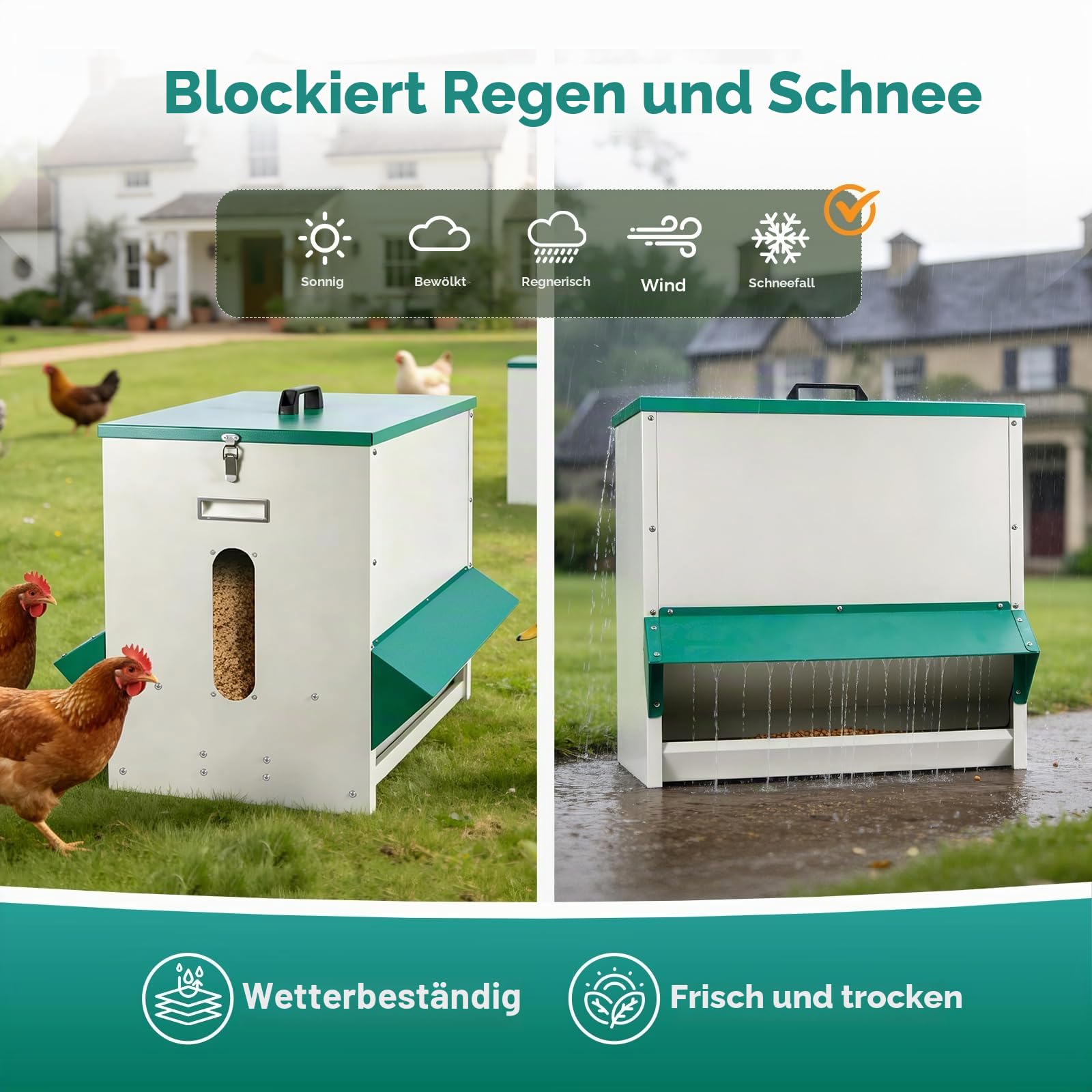 22kg Automatischer Futterautomat HüHner Futtertrog, HüHnerfutter Automat Metall GeflüGelfüTterer, Futterspender mit Deckel SchwerkraftfüTterer füR HüHner Enten GeflüGel GäNse(DunkelgrüN)