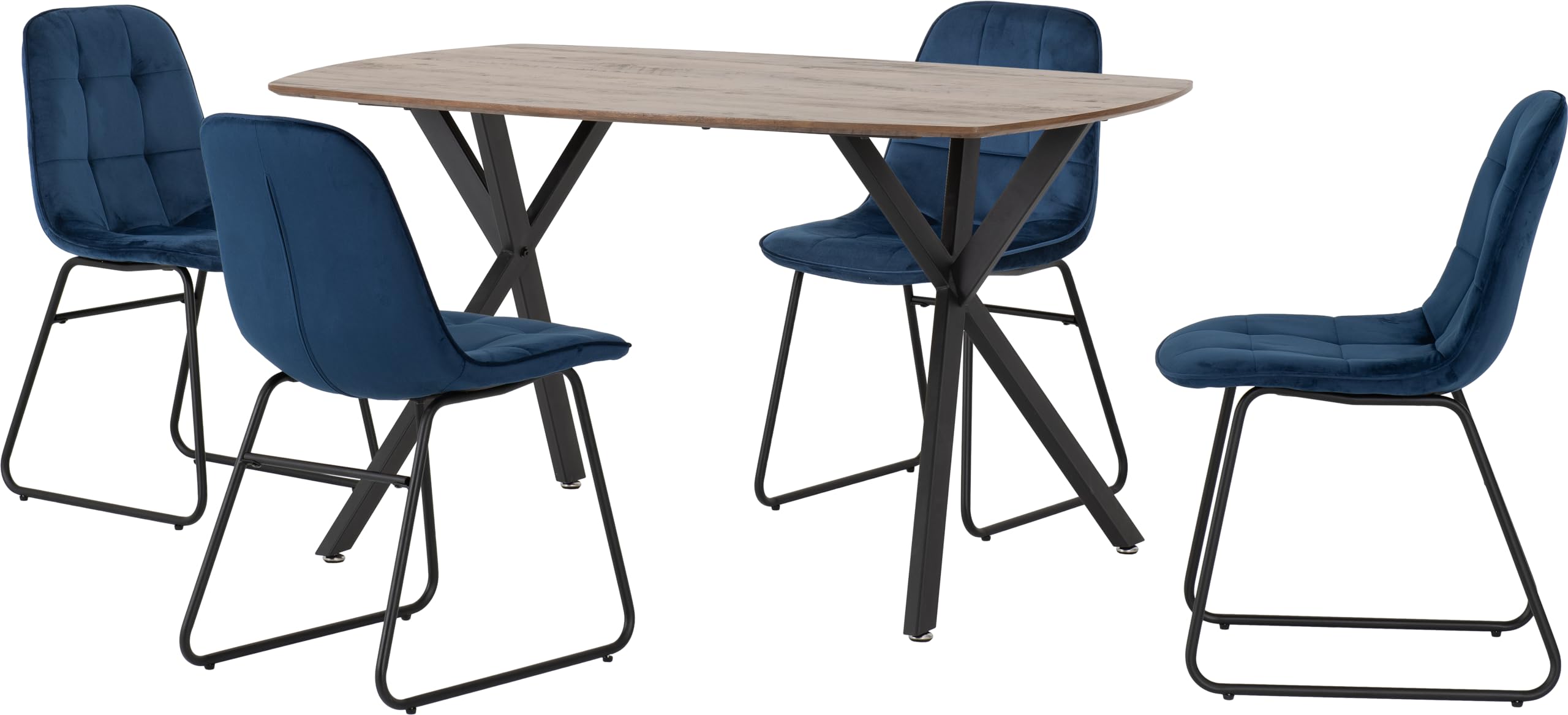 Seconique Athens Dining Table Set with 4 Lukas Dining Chairs in Medium Oak Effect/Sapphire Blue Velvet